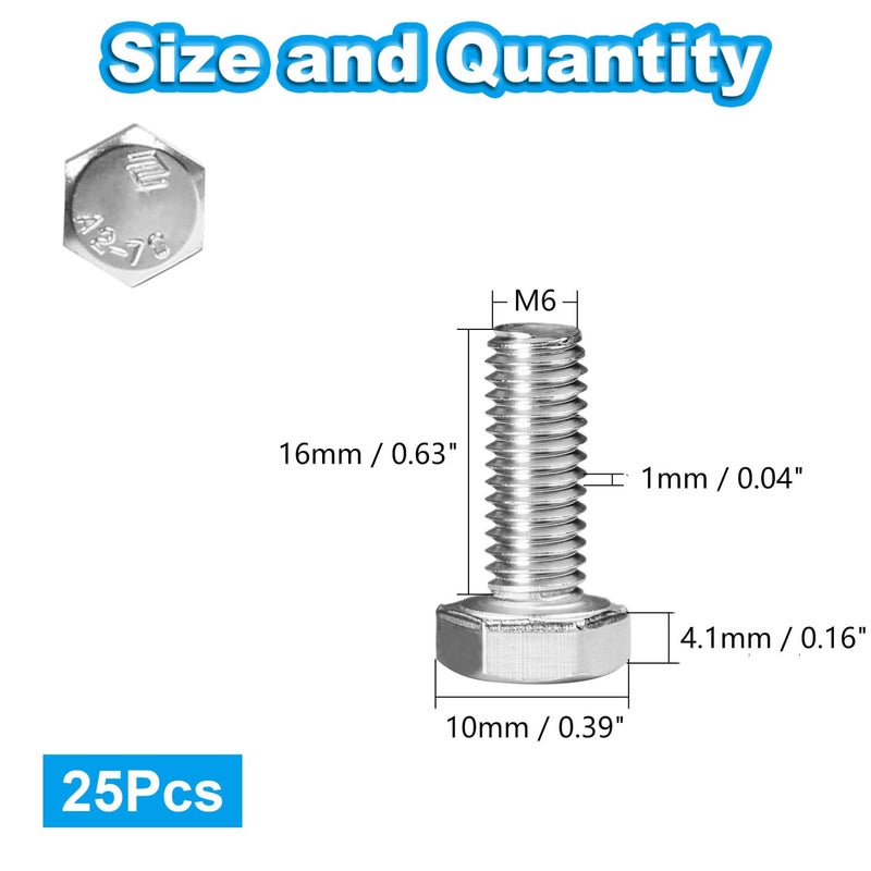 Yinpecly 25 Pcs M6 Hex Bolts M6-1.0 x 16mm Hex Head Screw Bolt 304 Stainless Steel M6-1.0mm Hexagon Bolts Hex Head Screws, Metric Machine Fully Thread, Bright Finish - Image 2